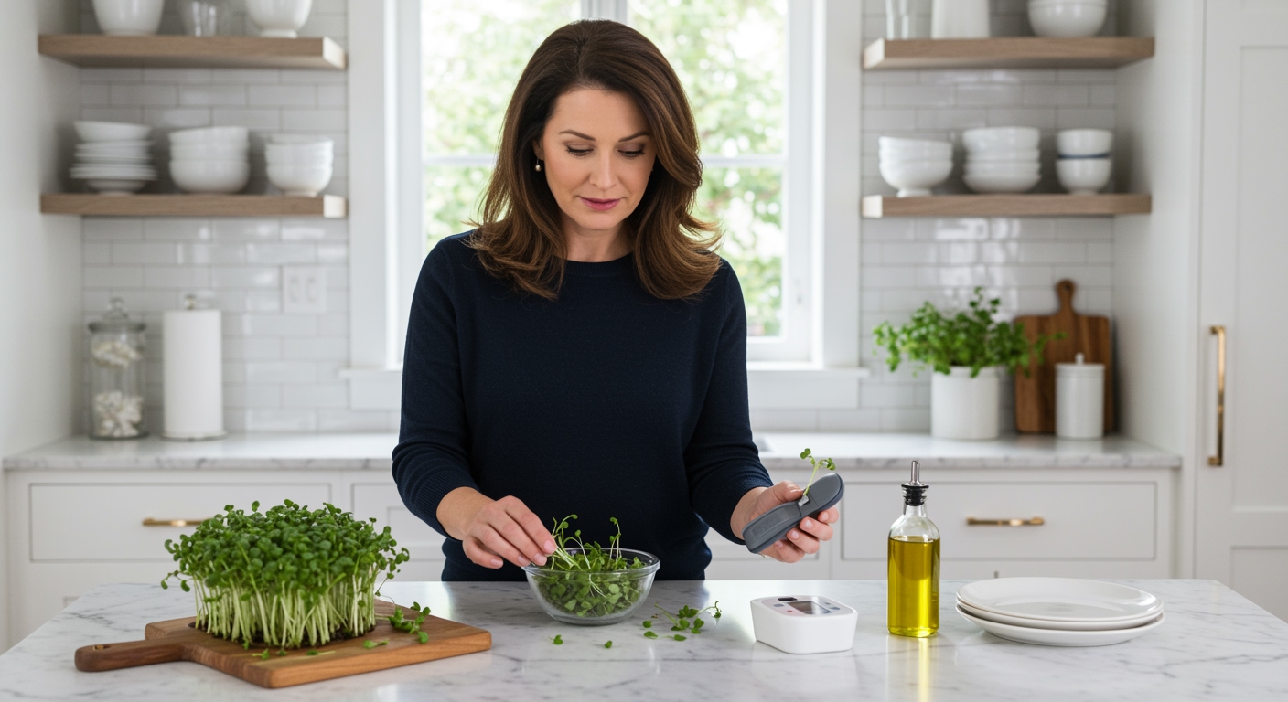 Woman holding blood pressure monitor while examining bowl of green perilla sprouts on white marble kitchen countertop