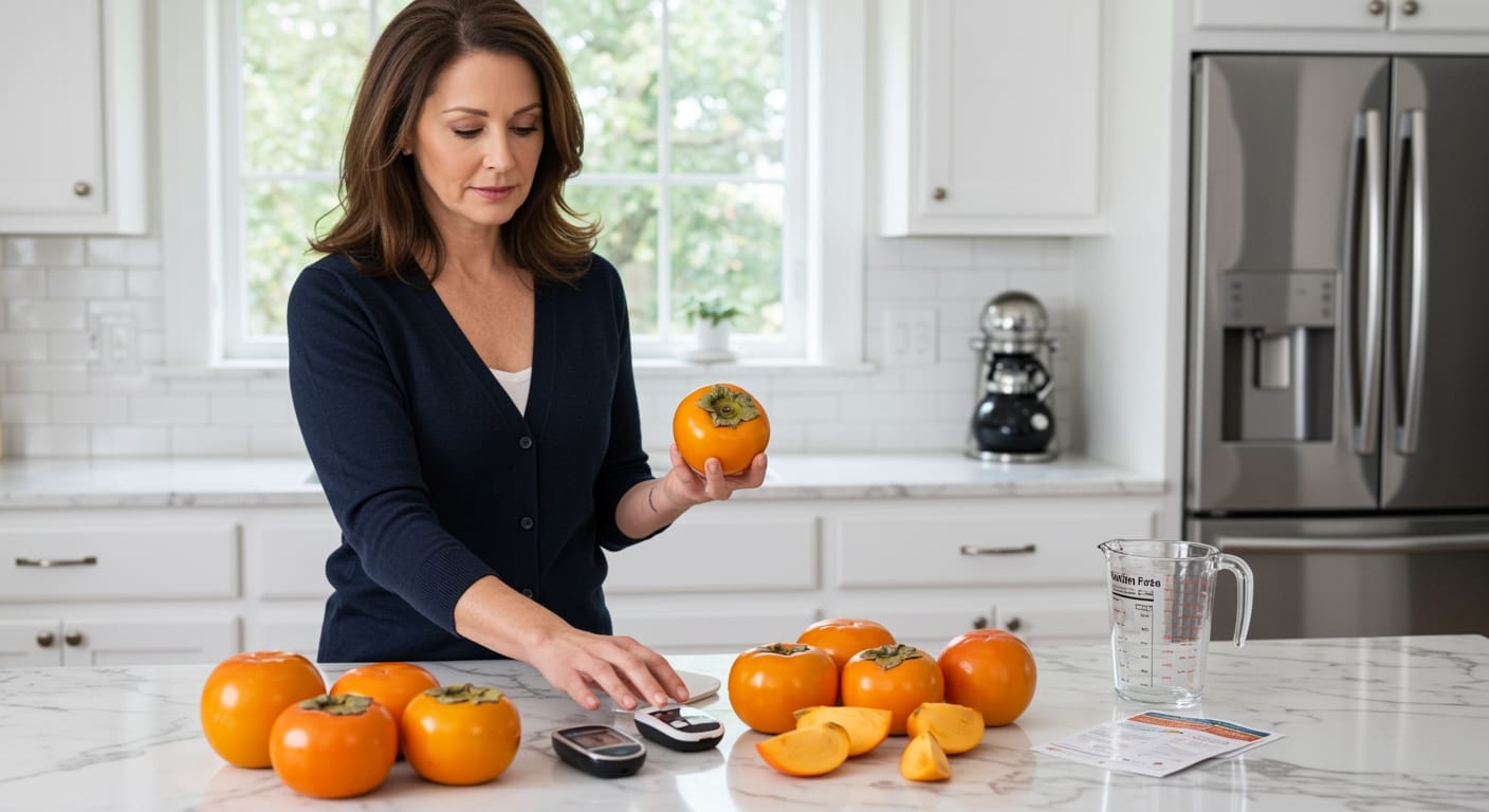 Middle-aged woman holding orange persimmon while standing behind marble counter with glucose meter and fresh persimmons
