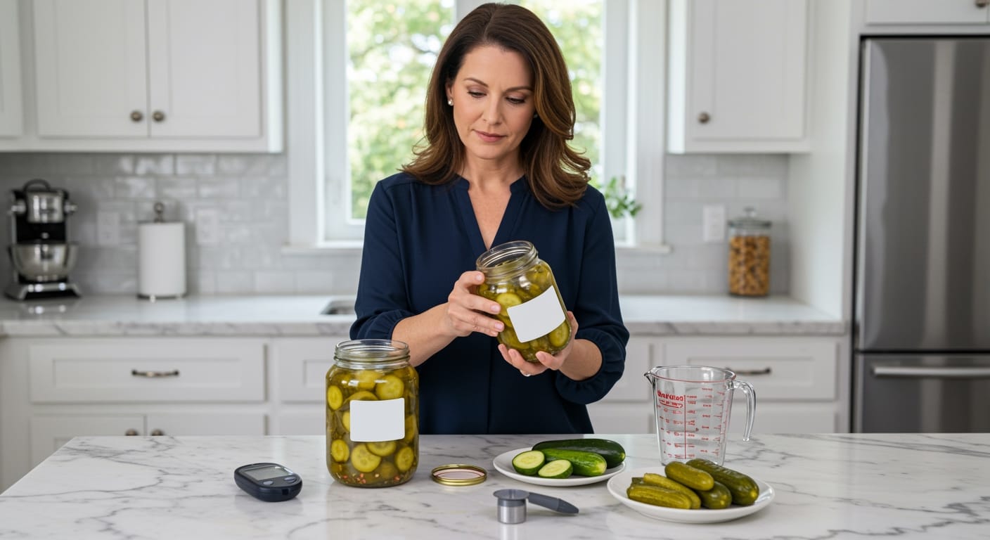 Woman holding pickle jar while examining nutrition information with blood glucose meter and fresh cucumbers on marble counter