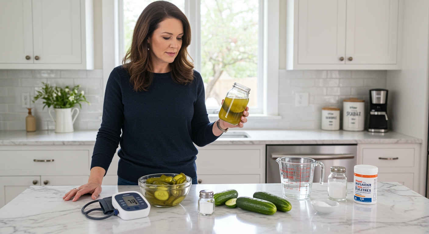 Woman holding pickle juice jar behind marble countertop with blood pressure monitor and pickles in modern kitchen