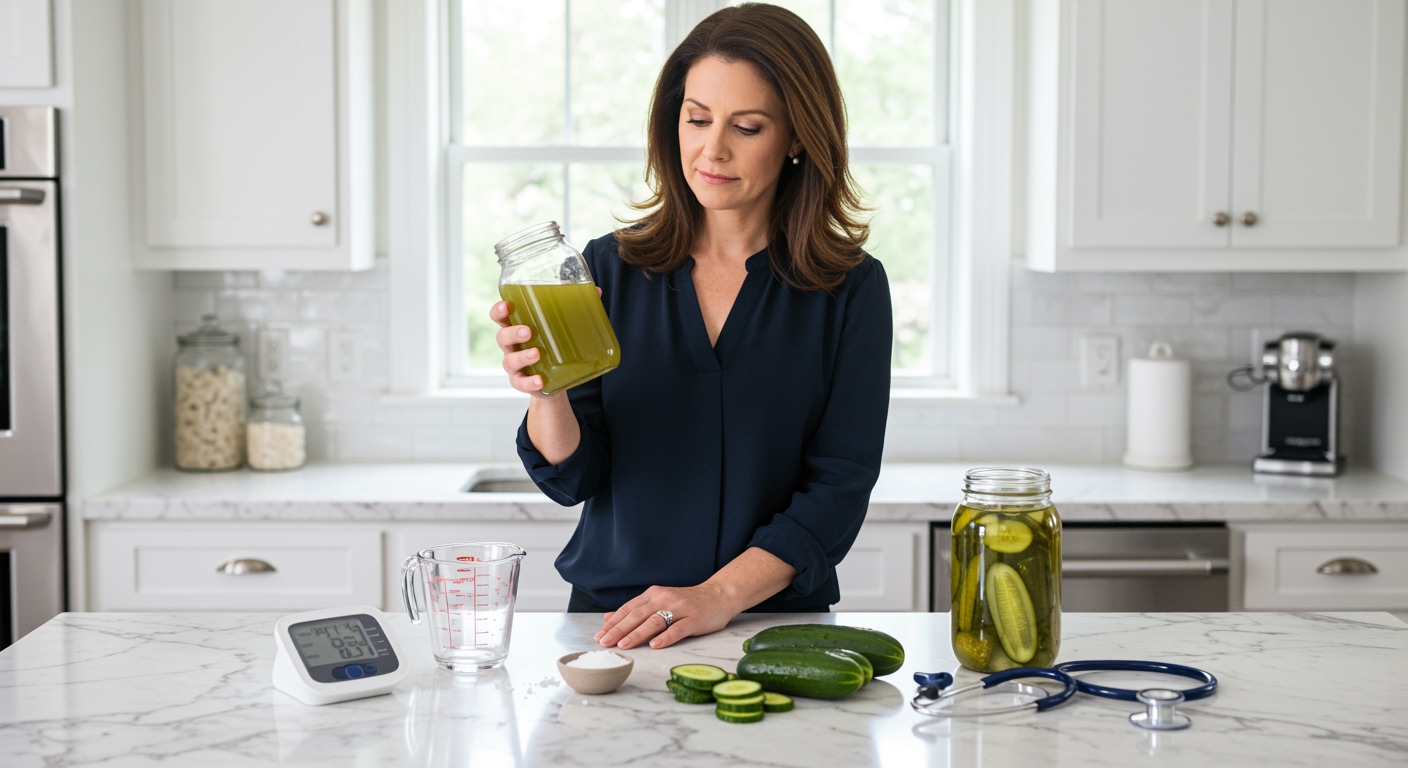 Woman holding pickle juice jar standing behind marble counter with blood pressure monitor and health items in modern kitchen