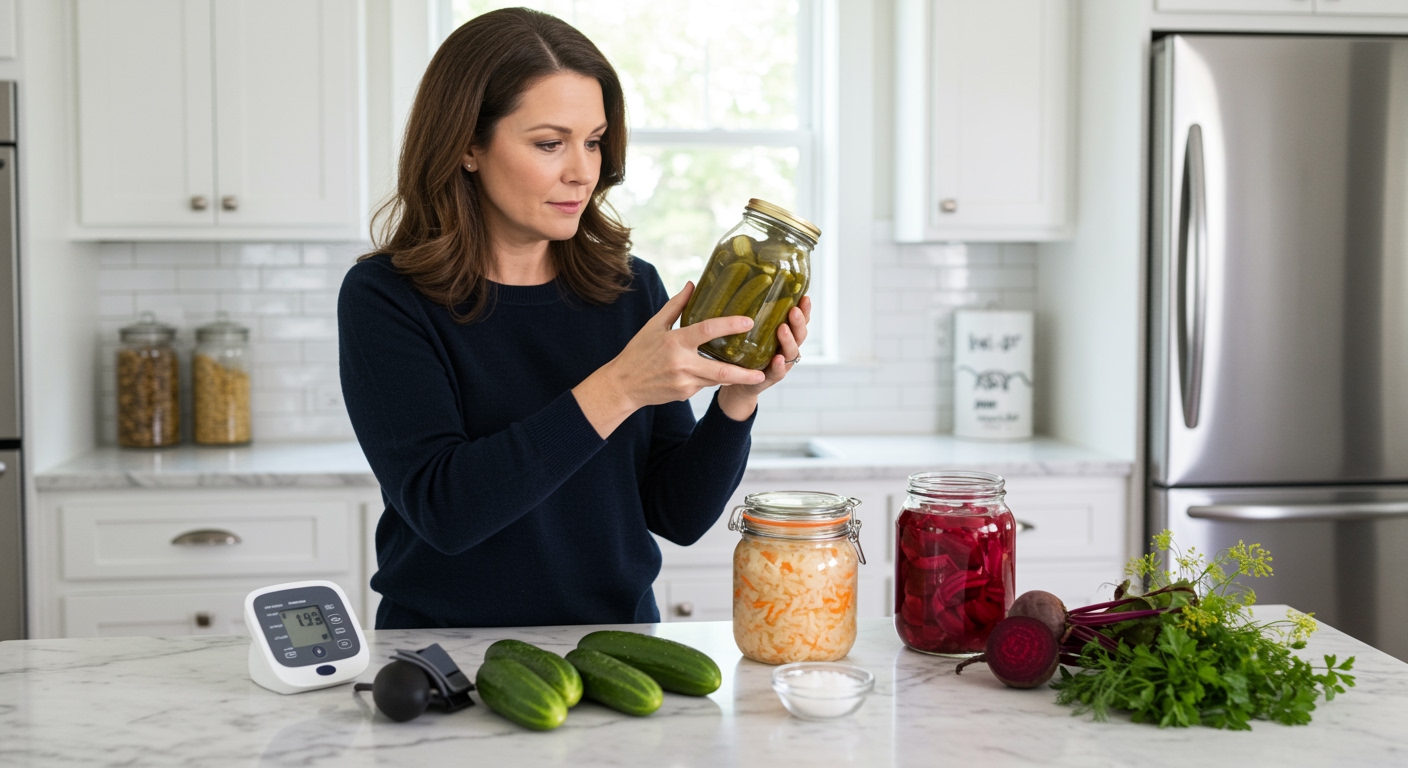 Woman holding pickle jar while examining it with blood pressure monitor and various pickled foods on marble countertop