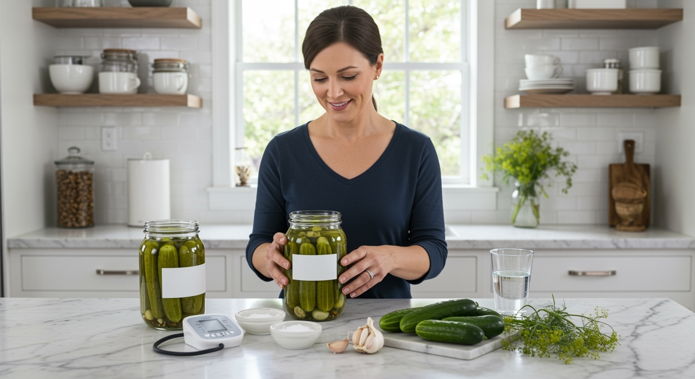 Woman holding pickle jar while standing behind marble counter with blood pressure monitor, cucumbers, salt, and herbs visible