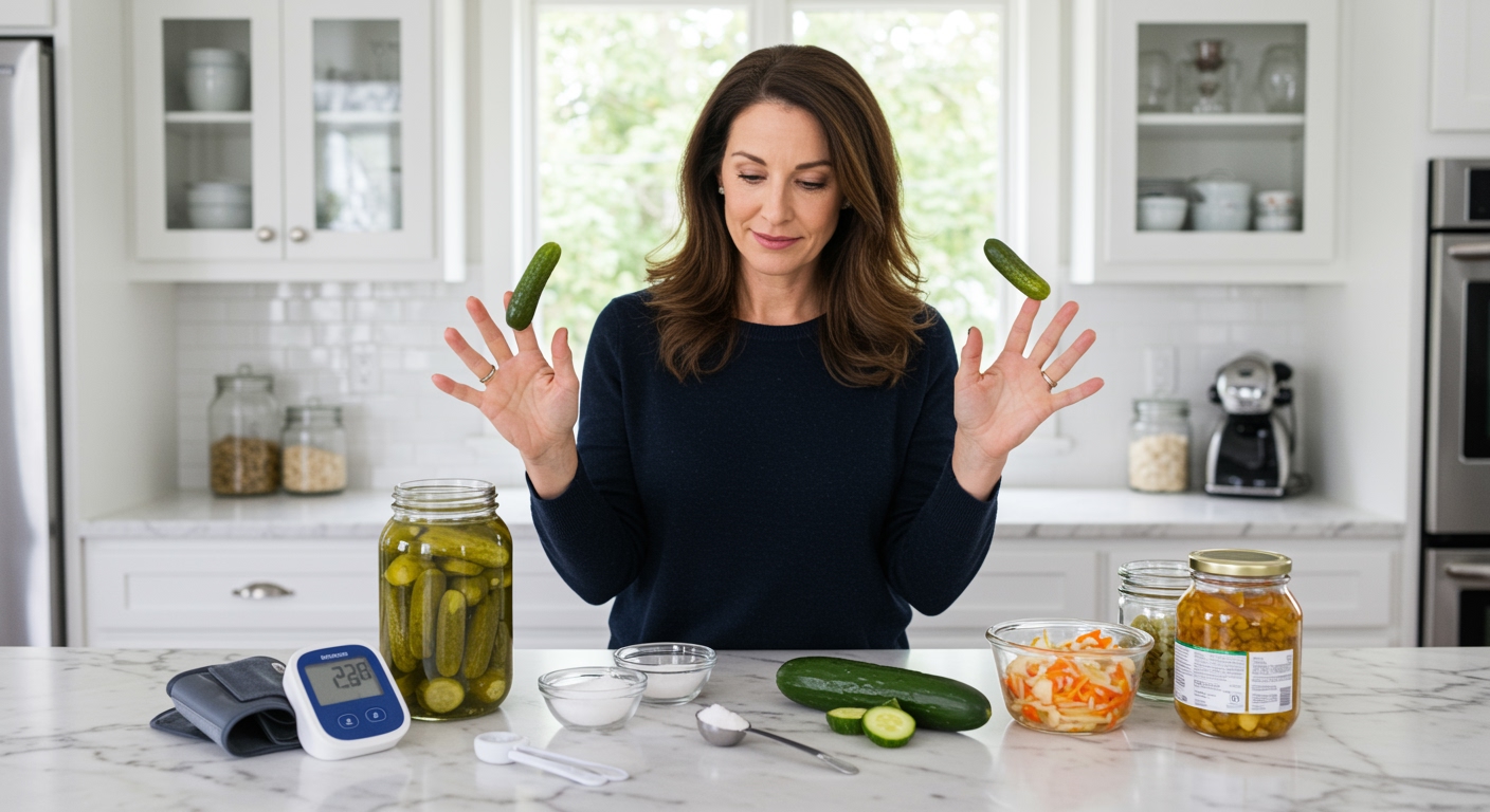 Middle-aged woman holding pickle while standing behind marble counter with blood pressure monitor and salt