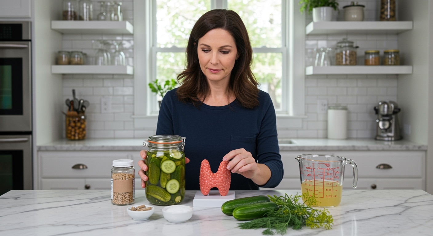 Woman standing behind marble counter examining pickle jar with thyroid model, cucumbers, salt, and supplements arranged on surface