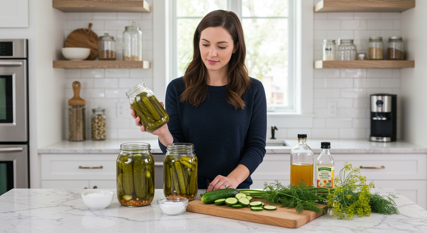 Woman holding glass jar of pickles while standing behind marble countertop with fresh vegetables and kitchen items visible