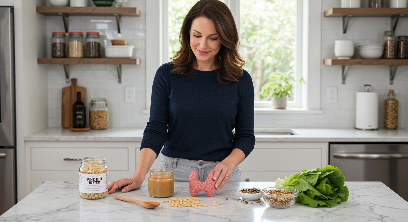 Middle-aged woman holding pine nut butter jar while standing behind marble countertop with thyroid model and healthy foods in bright kitchen