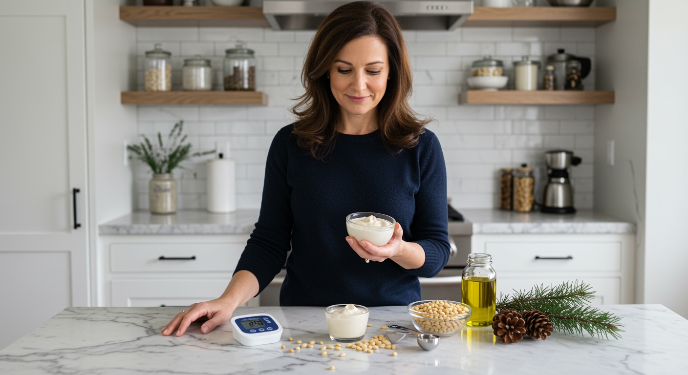 Woman holding bowl of pine nut cream standing behind marble counter with blood pressure monitor and pine nuts visible