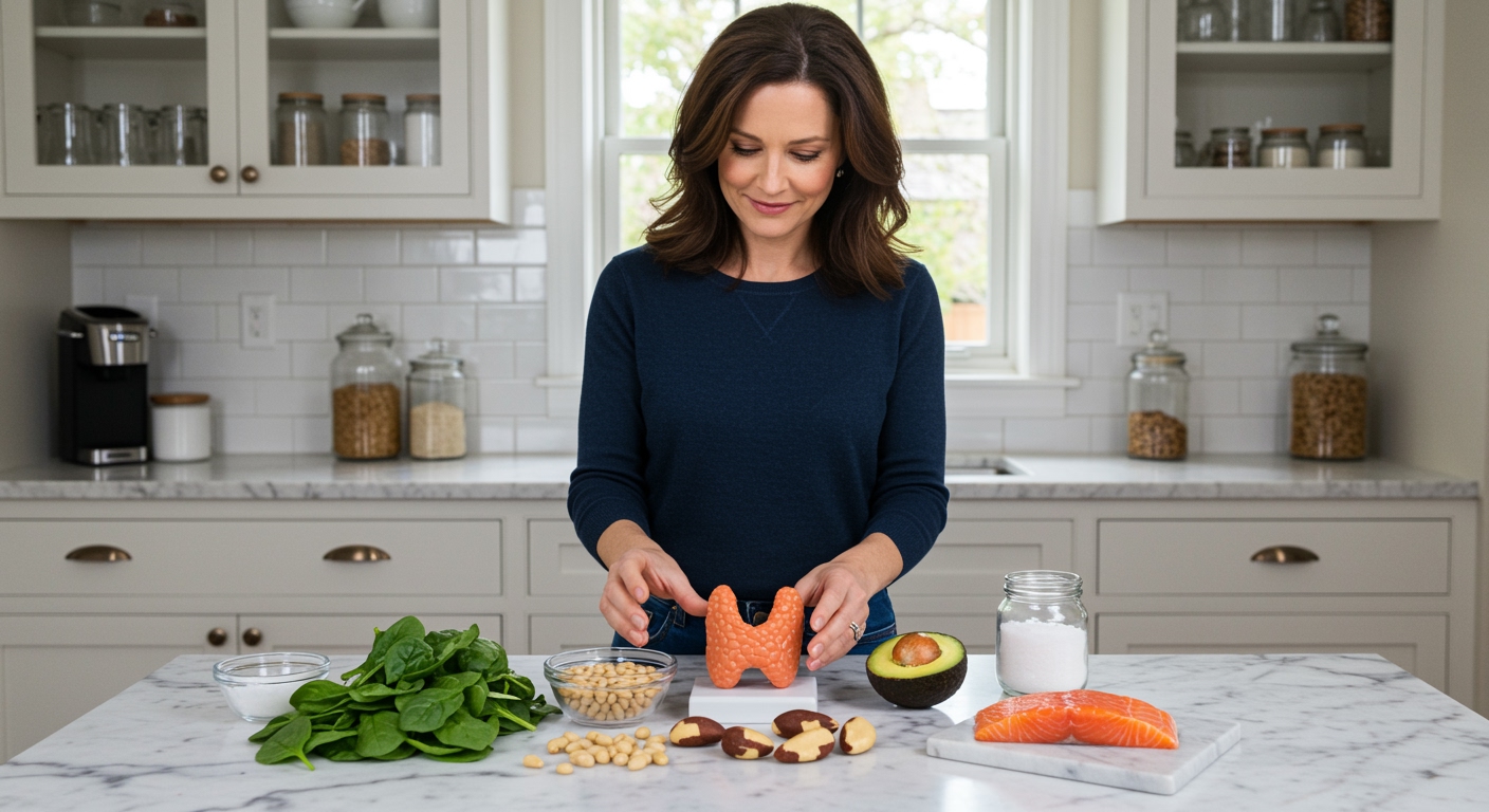 Woman holding bowl of pine nuts while looking at thyroid model with salmon, avocado, spinach, and Brazil nuts on marble counter