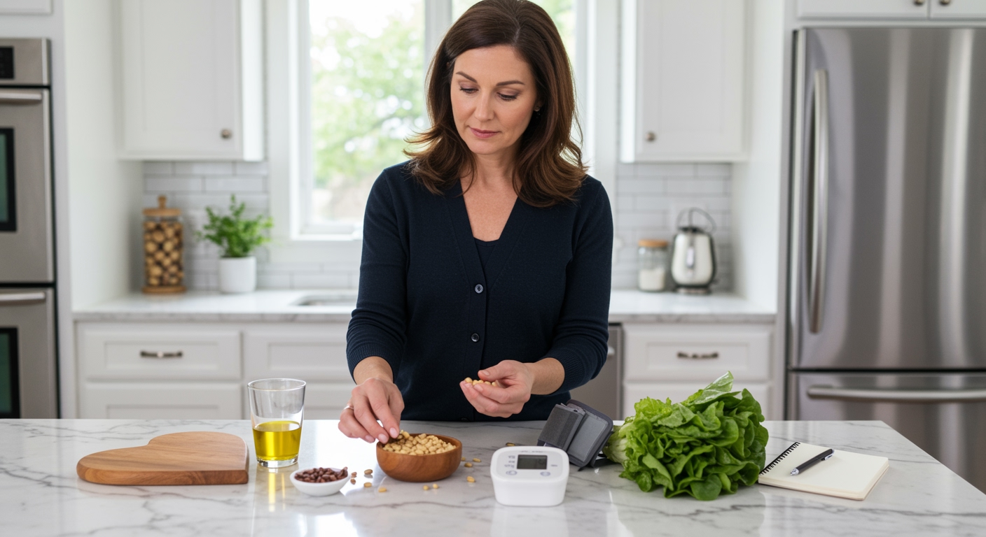 Woman holding blood pressure monitor and examining pine nuts on marble counter with heart-shaped board and healthy foods