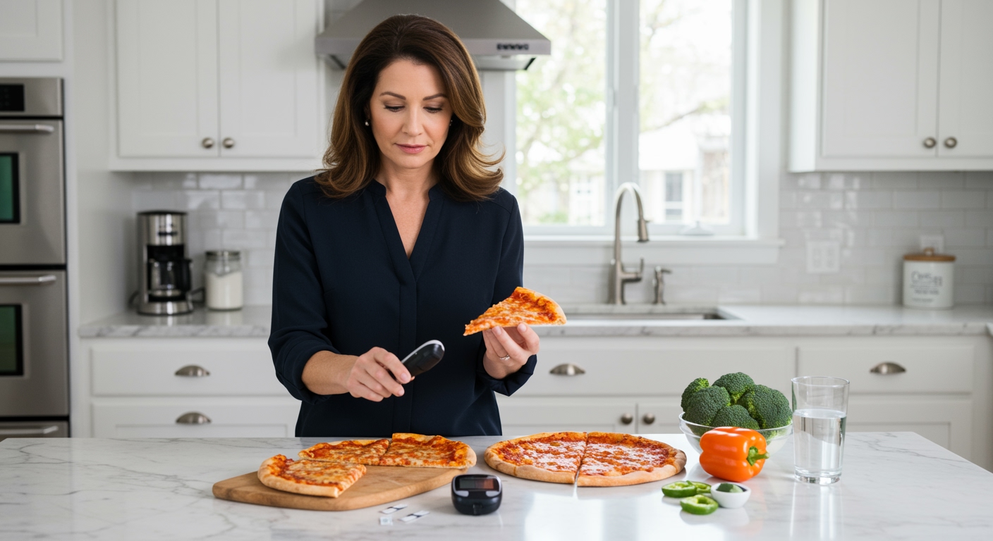 Middle-aged woman holding pizza slice while standing behind marble counter with blood glucose meter and healthy food items