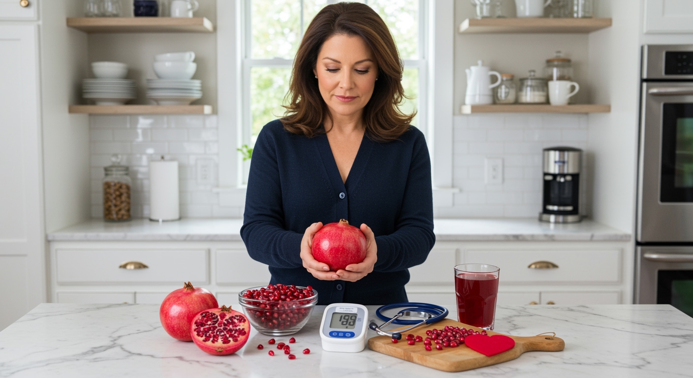 Middle-aged woman holding pomegranate behind marble counter with blood pressure monitor and health items in bright kitchen