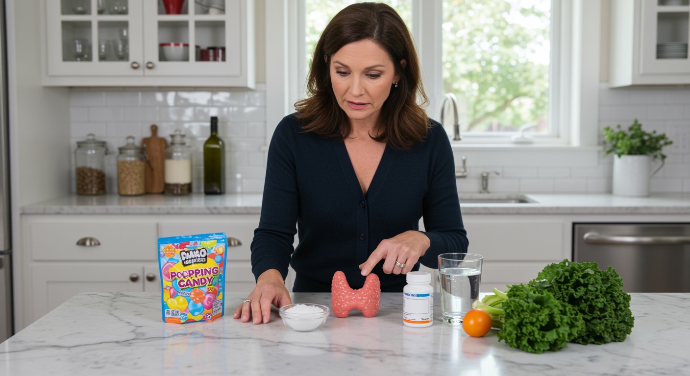 Woman pointing at popping candy packet on marble counter with thyroid model, medication, salt, water, and vegetables visible