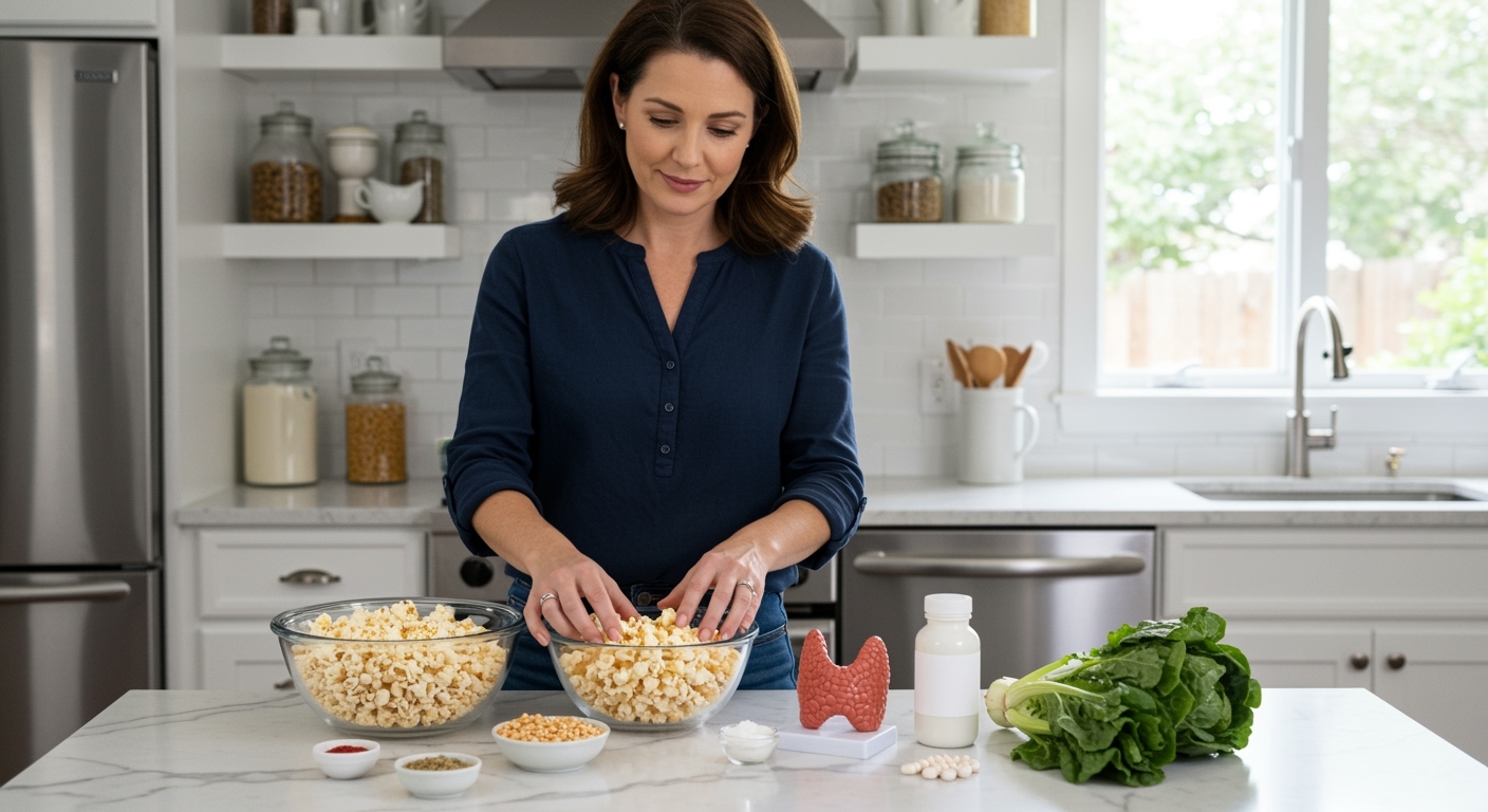 Woman standing behind marble counter examining bowl of popcorn with thyroid model and healthy foods in bright kitchen