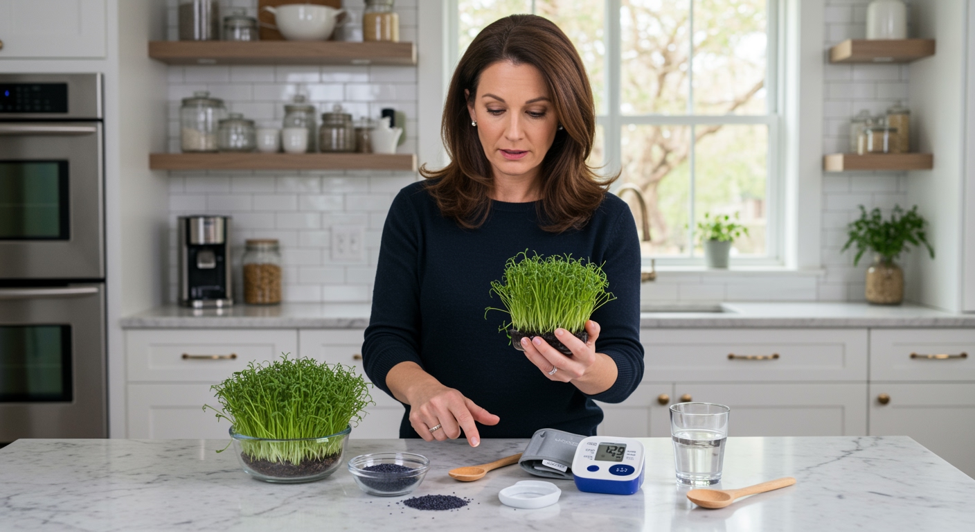 Woman holding bowl of poppy sprouts with blood pressure monitor and health items on white marble kitchen counter