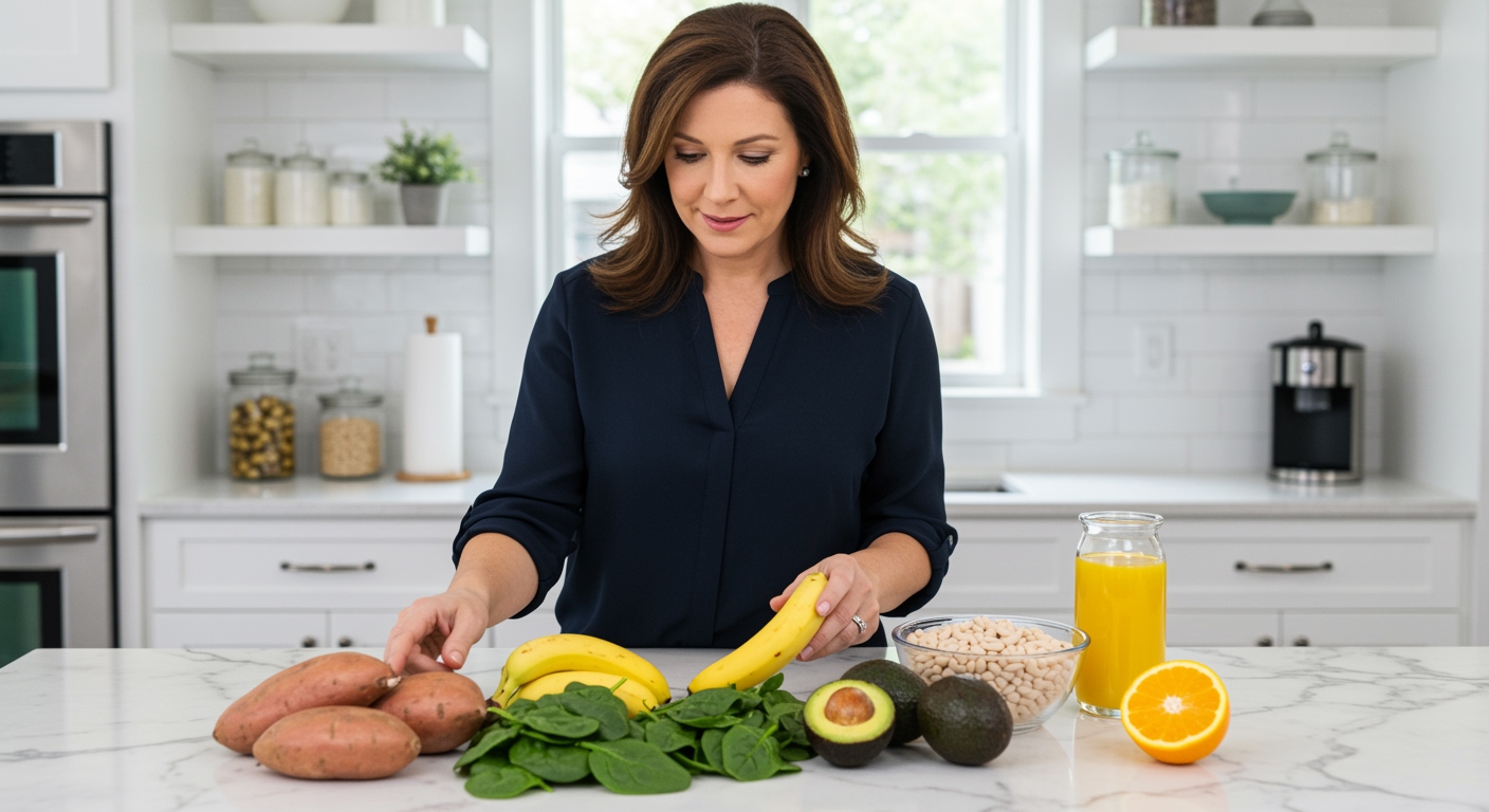 Middle-aged woman in dark blouse examining potassium-rich foods including bananas and vegetables on white marble countertop