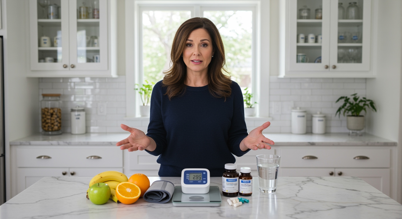 Woman standing behind marble counter with blood pressure monitor, potassium supplements, and fruits in modern kitchen