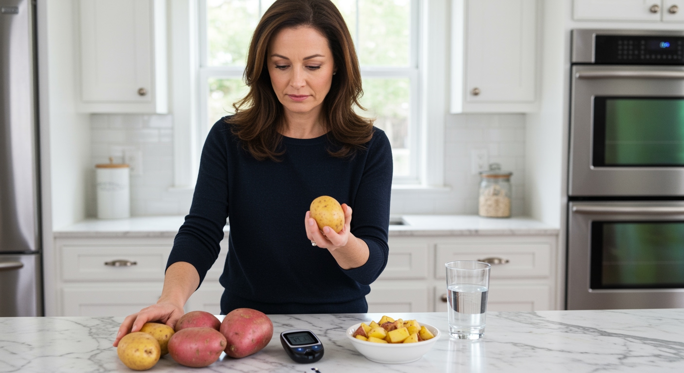 Middle-aged woman holding potato while examining blood glucose meter and various potato types on marble countertop