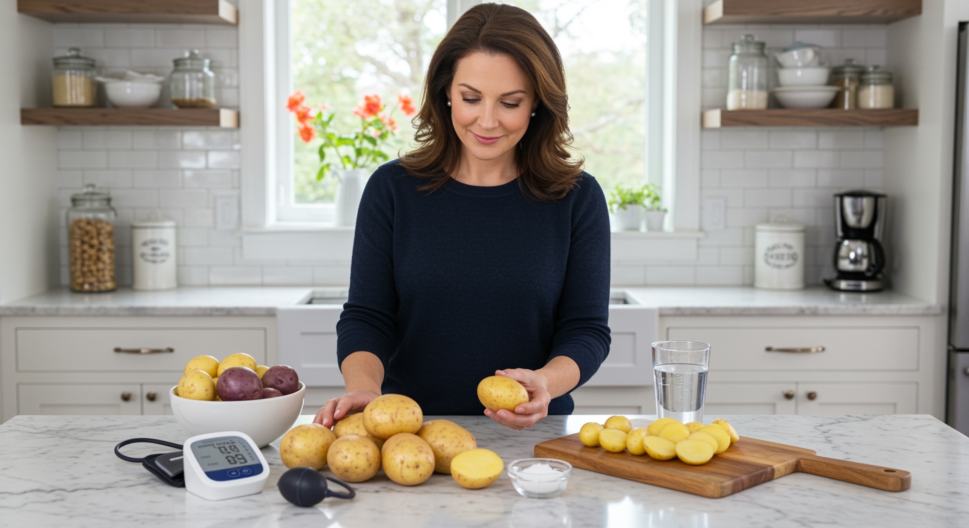 Middle-aged woman holding potato while standing behind marble countertop with blood pressure monitor and various potatoes