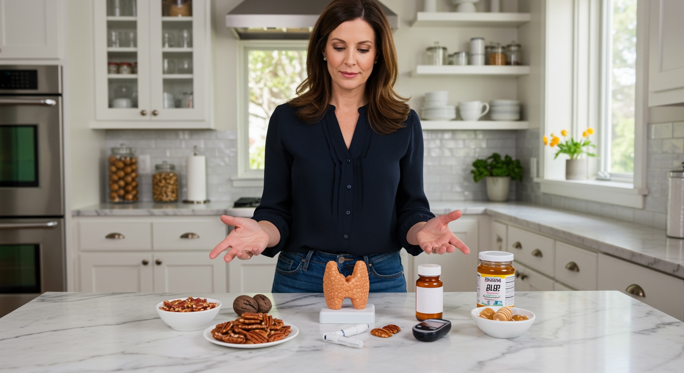 Woman standing behind marble counter examining pralines next to thyroid model with medication and pecans in bright modern kitchen