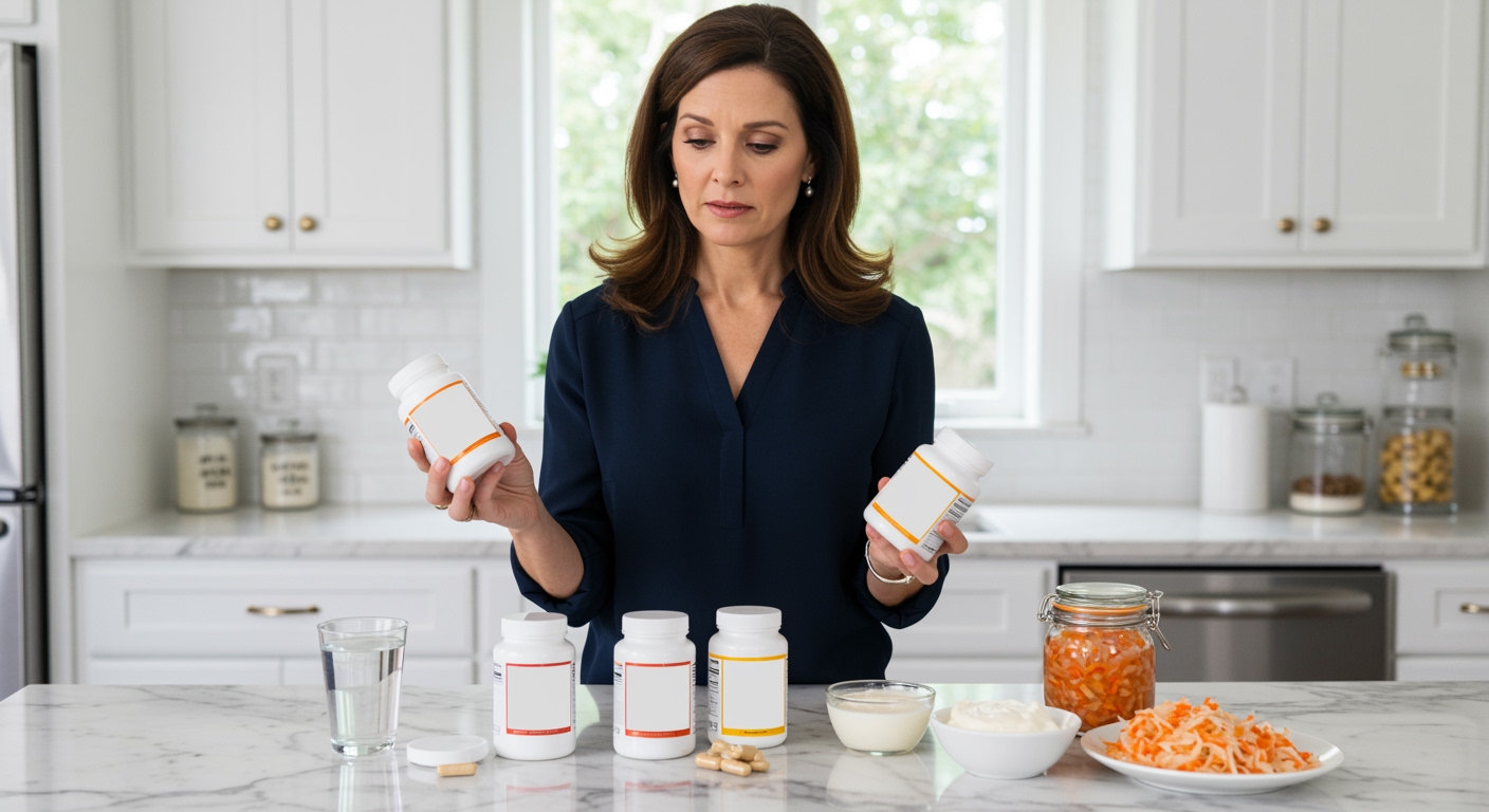 Woman examining probiotic supplement bottles on marble countertop with yogurt and fermented foods in modern kitchen