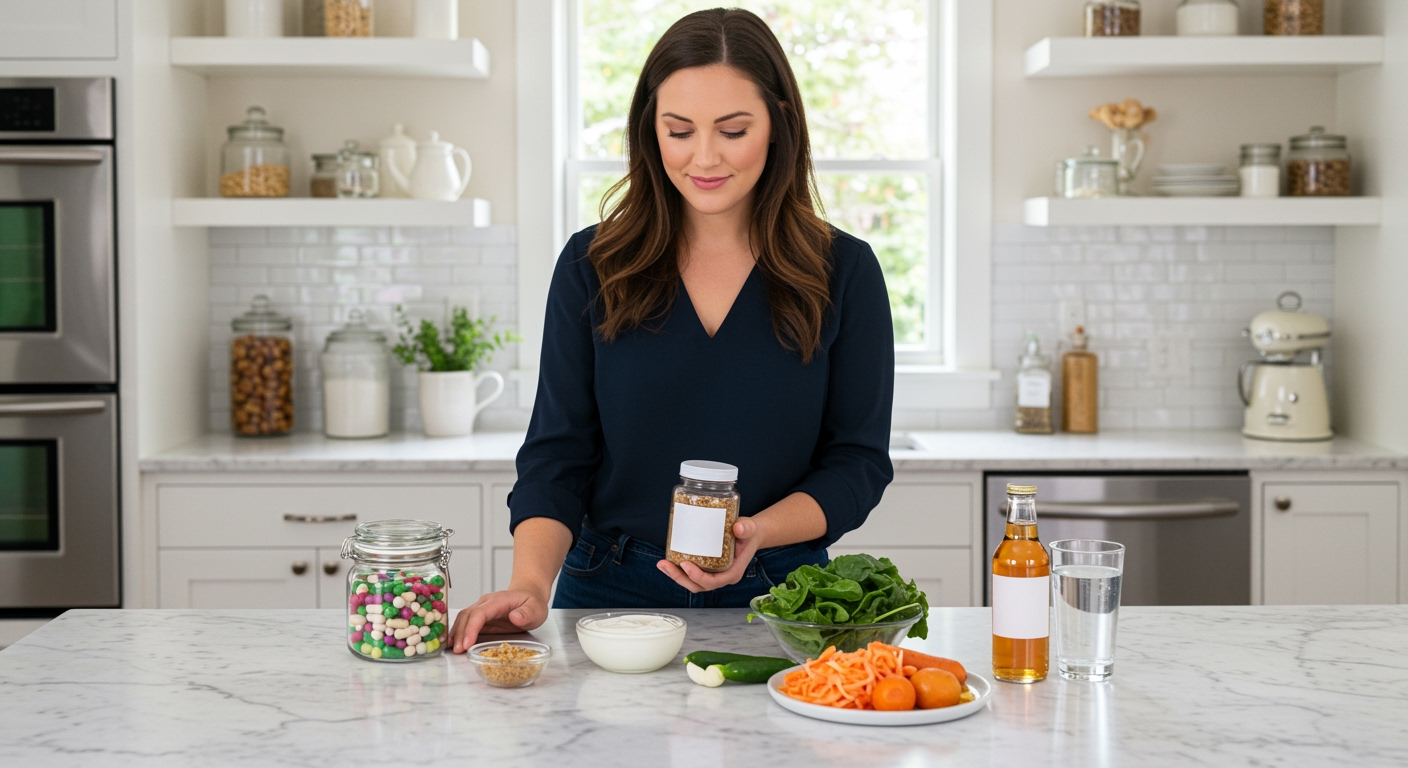Woman holding probiotic jar while standing behind marble counter with yogurt, greens, and fermented foods in bright kitchen