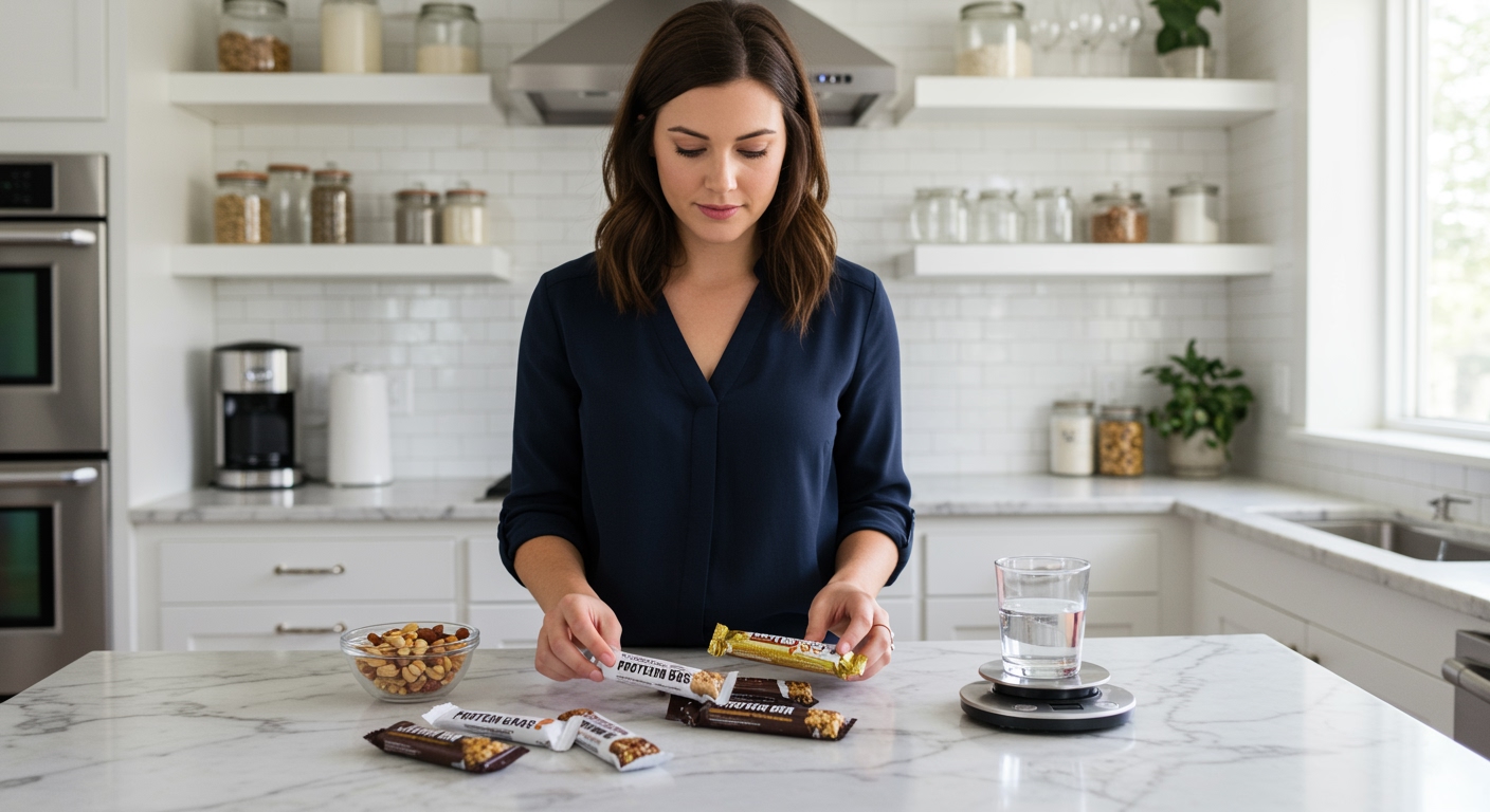 Woman examining protein bars on marble countertop with nuts and kitchen scale in bright modern kitchen setting