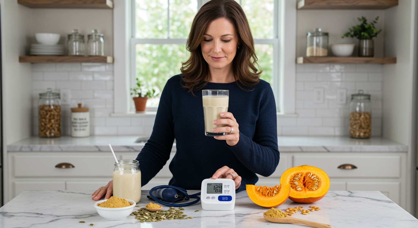 Woman holding glass of pumpkin seed milk next to blood pressure monitor with pumpkin seeds and medical equipment on marble counter