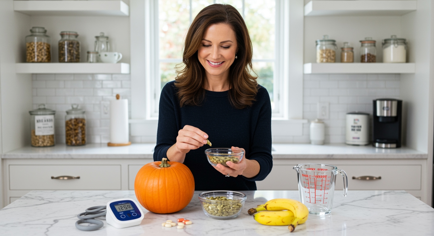 Middle-aged woman holding bowl of pumpkin seeds with blood pressure monitor and healthy foods on marble kitchen counter