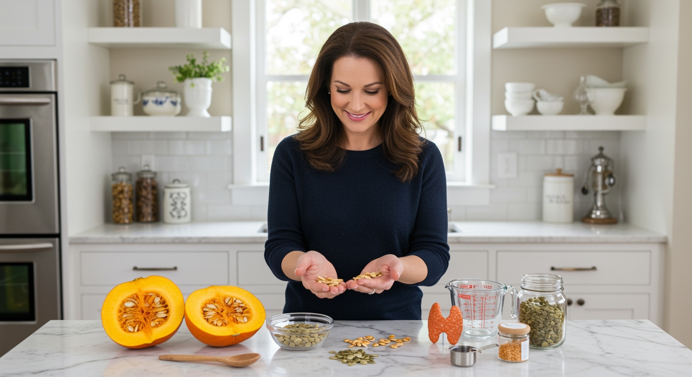 Woman holding pumpkin seeds while standing behind marble countertop with fresh pumpkin and thyroid model in modern kitchen