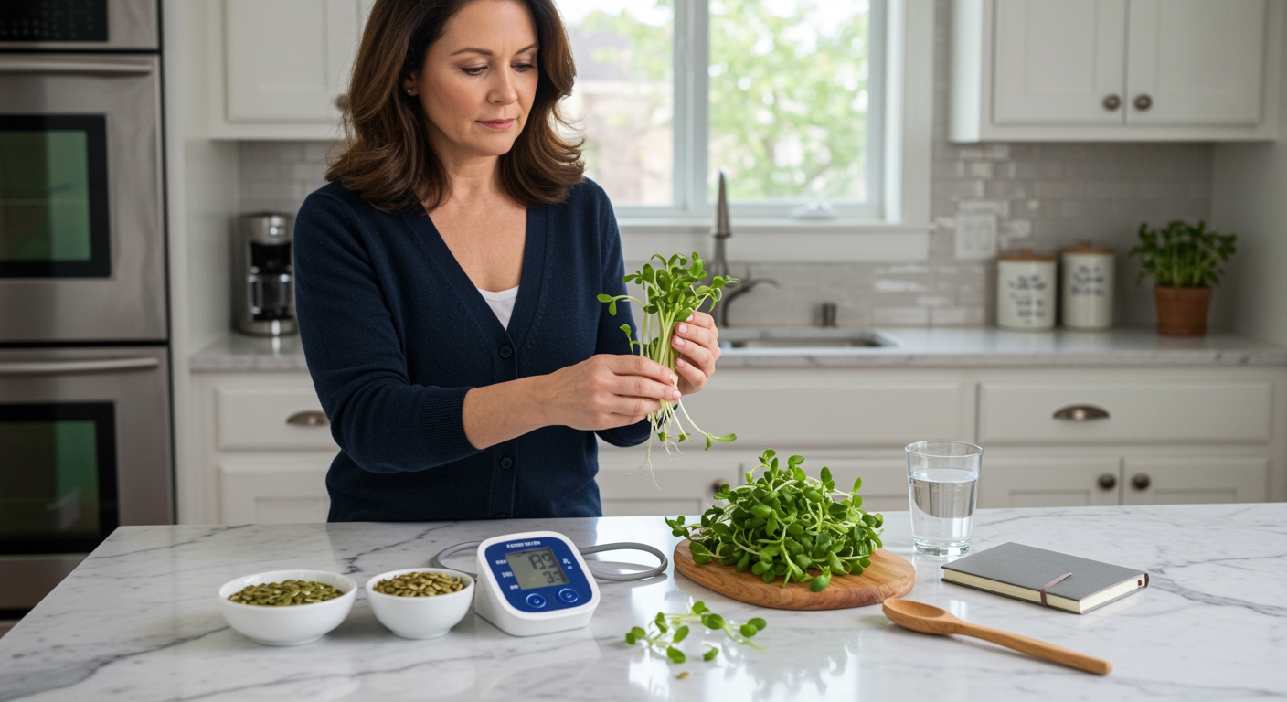 Middle-aged woman holding pumpkin sprouts behind marble counter with blood pressure monitor and health items in bright kitchen