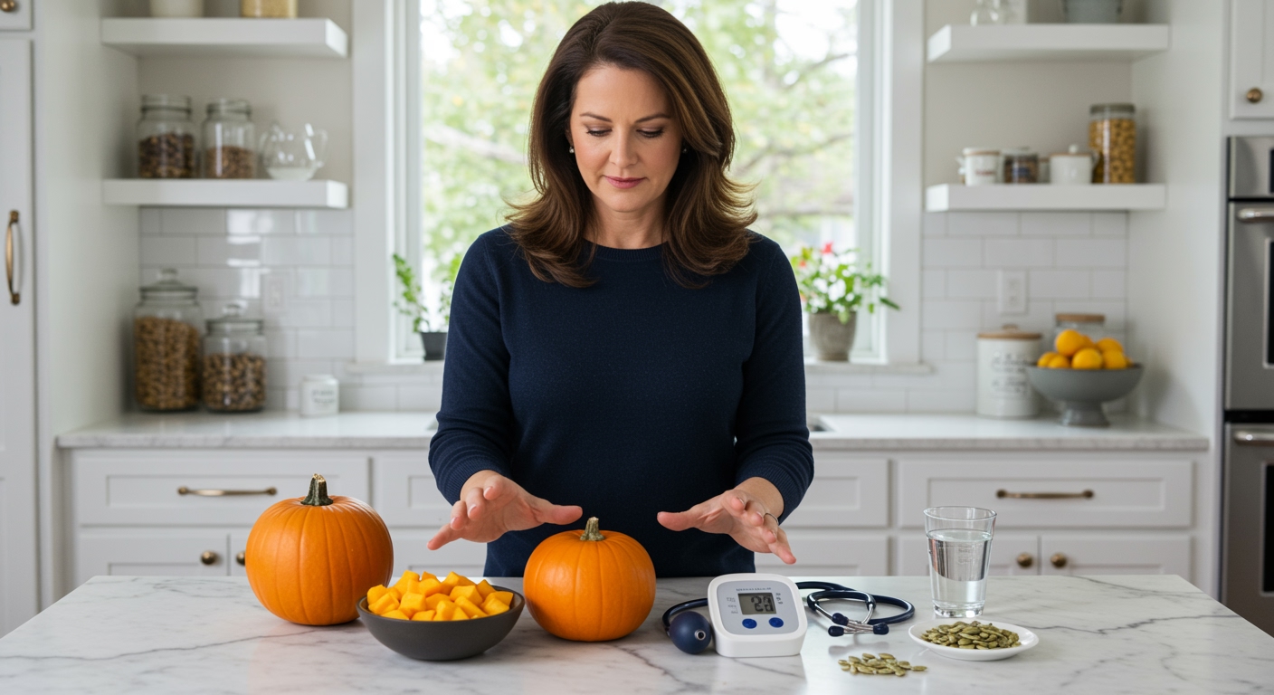 Woman standing behind marble counter examining whole pumpkin, cubed pieces, blood pressure monitor and stethoscope in bright kitchen