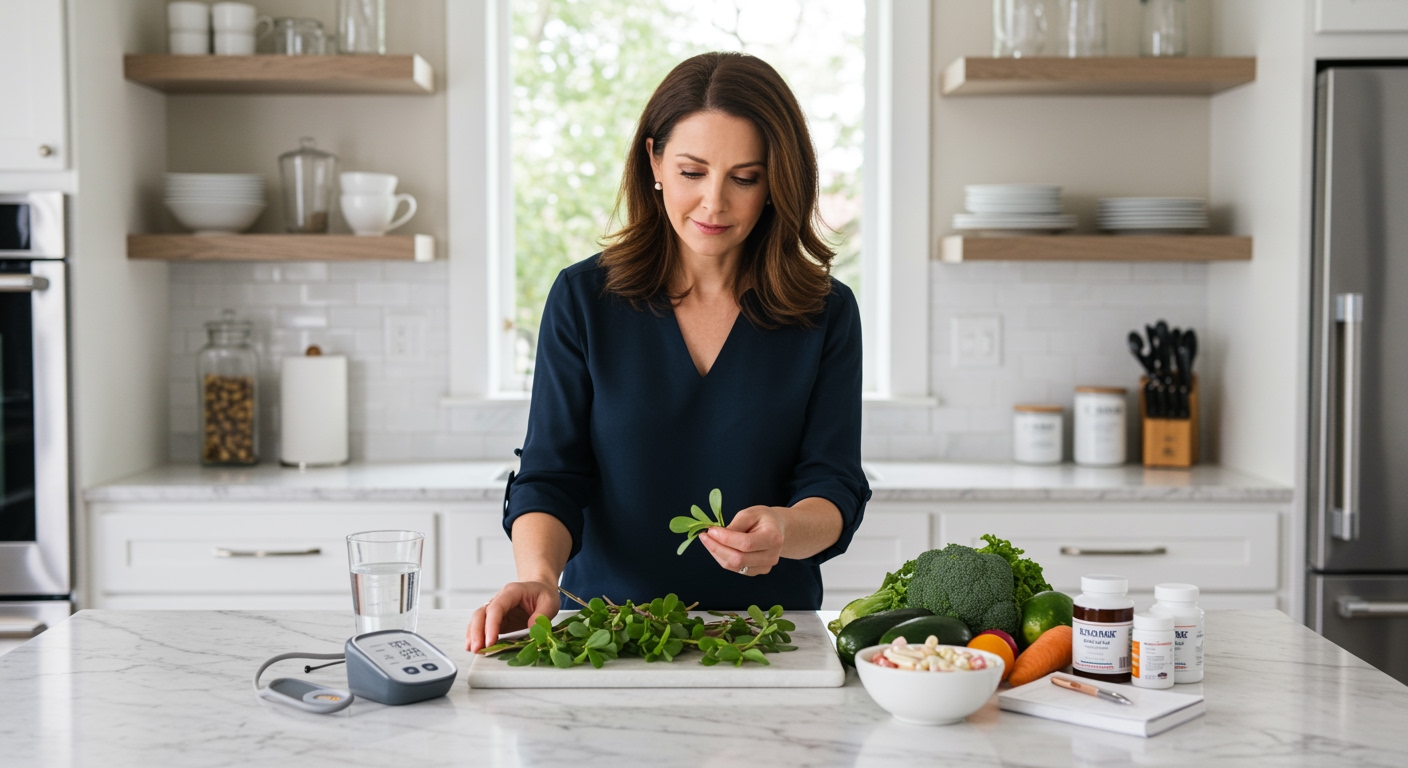 Woman examining fresh purslane leaves on marble counter with blood pressure monitor and health items in modern kitchen