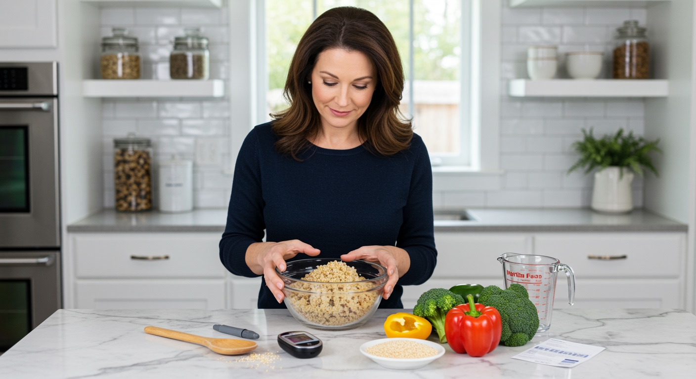 Middle-aged woman in navy sweater examining cooked quinoa in glass bowl on white marble countertop with glucose meter nearby