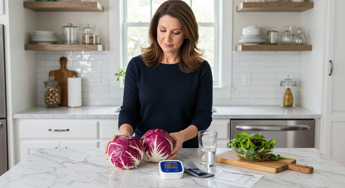 Woman holding purple radicchio with blood pressure monitor and healthy foods on white marble kitchen countertop