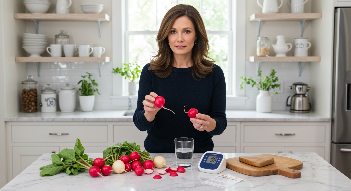 Woman holding radish at kitchen counter with blood pressure monitor and fresh vegetables arranged on white marble surface
