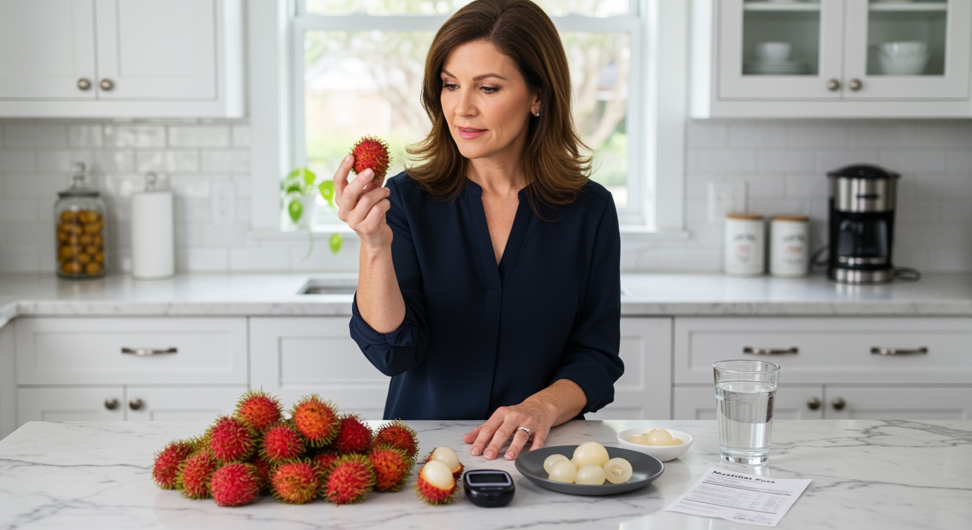 Middle-aged woman examining rambutan fruit while standing behind marble counter with blood glucose meter and fruit samples visible