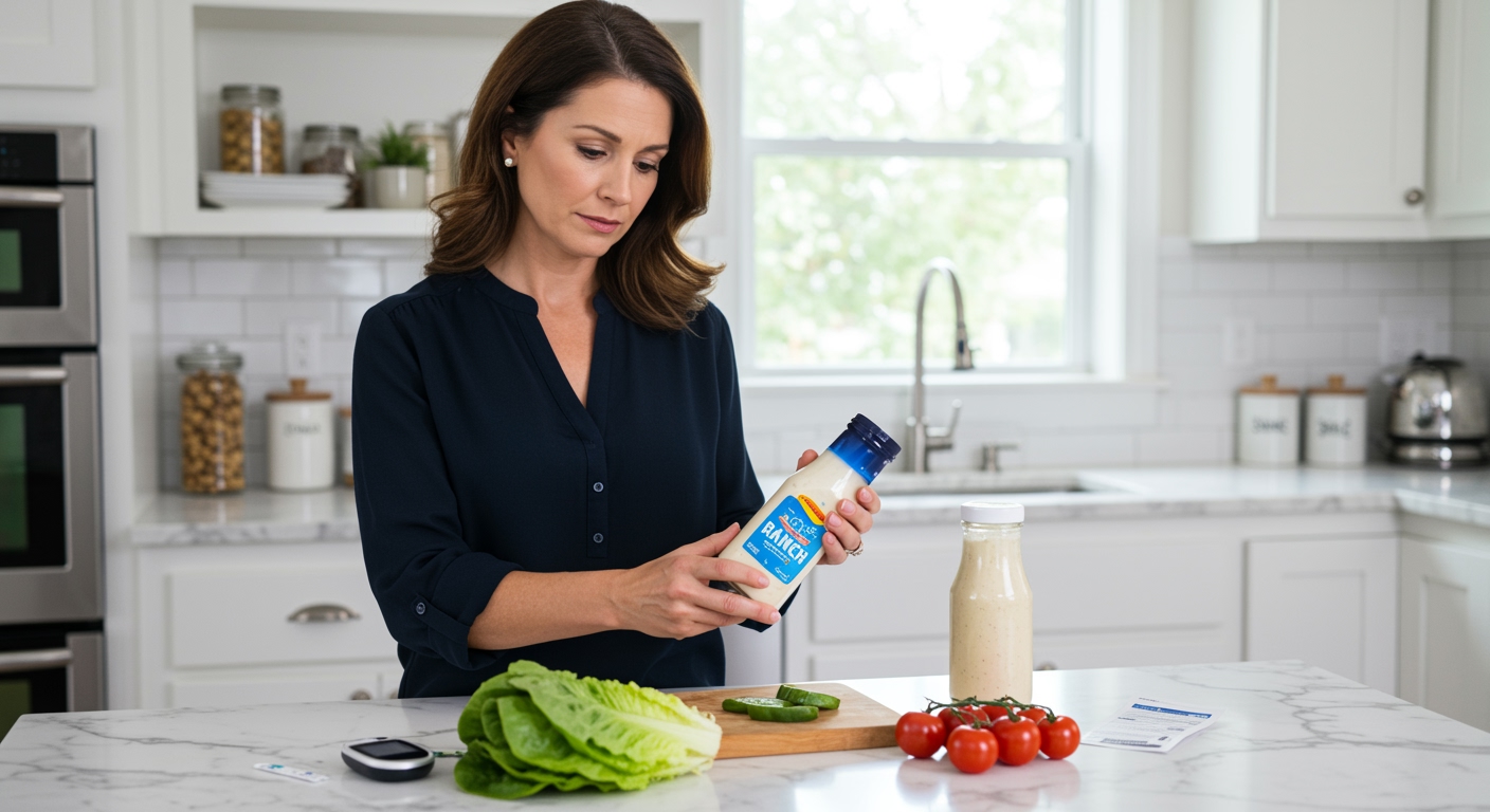 Woman holding ranch dressing bottle examining label with glucose meter and fresh vegetables on marble countertop in kitchen