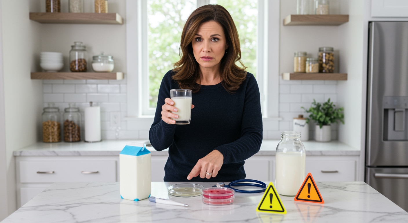 Woman holding glass of milk behind marble counter with medical equipment and warning symbols in bright modern kitchen