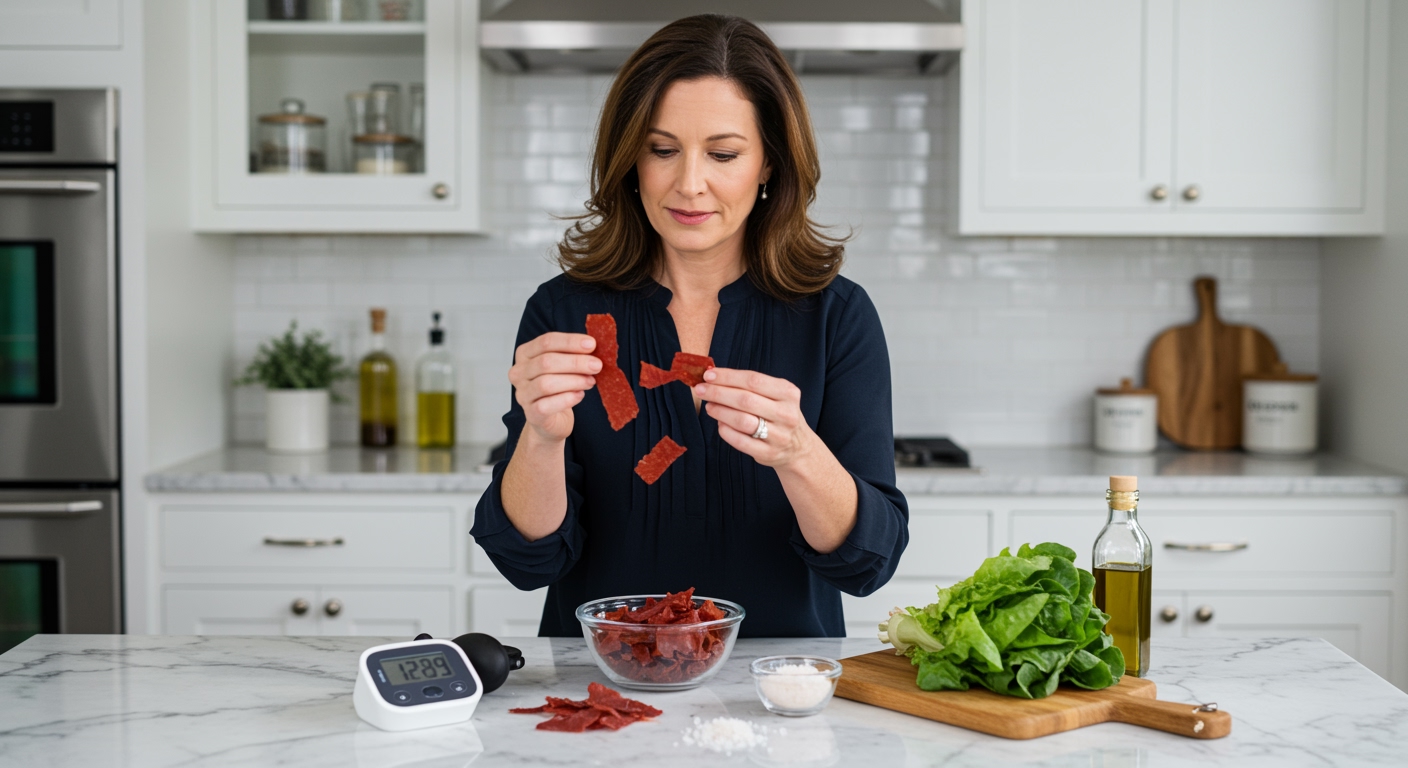 Middle-aged woman examining dried red dulse seaweed pieces with blood pressure monitor and healthy foods on marble countertop