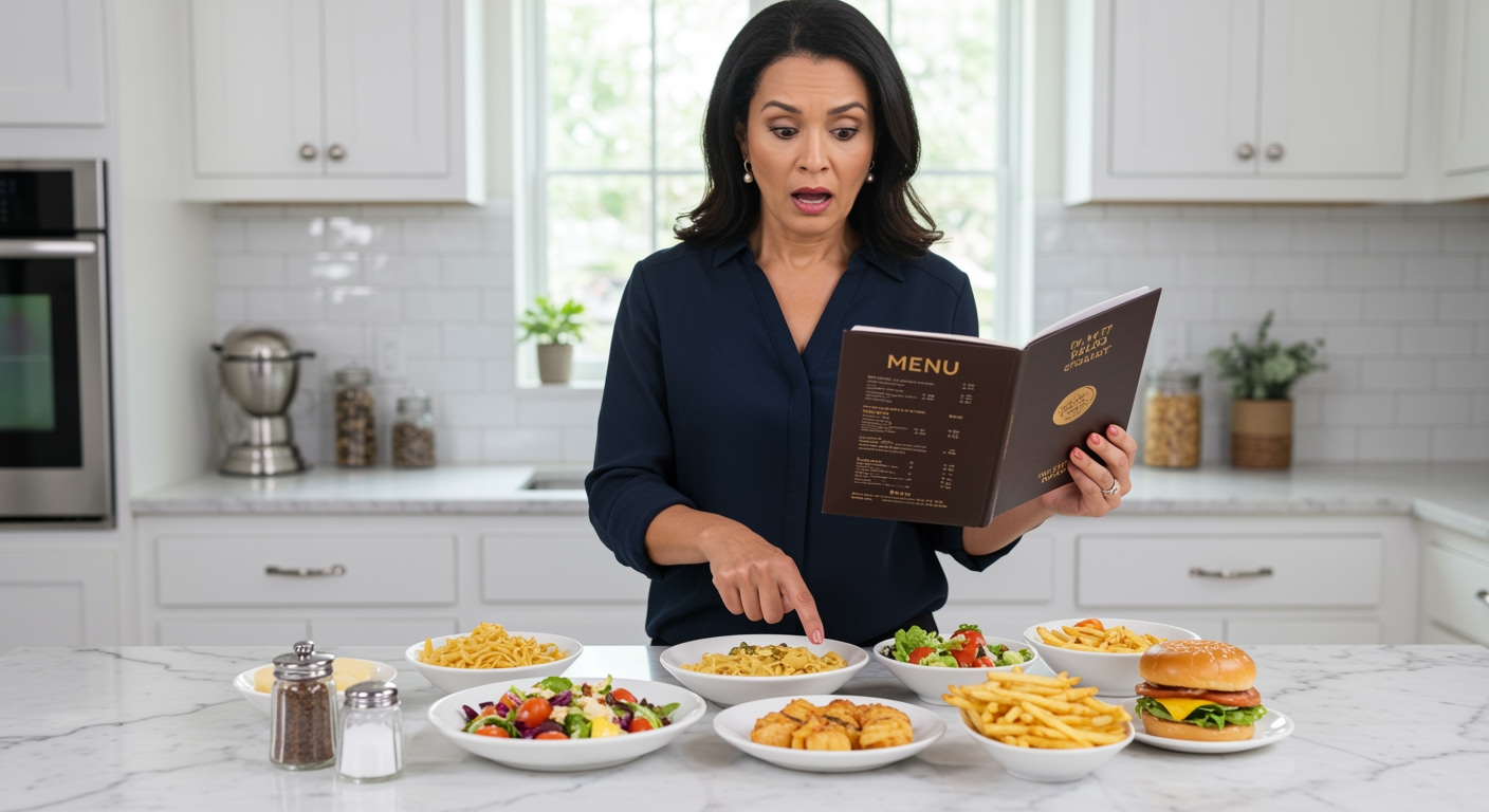 Woman holding restaurant menu while pointing at various high-sodium foods on marble countertop in modern kitchen