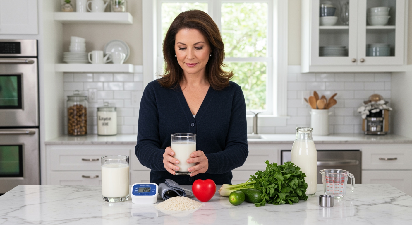 Woman holding glass of rice milk behind marble counter with blood pressure monitor and heart health items in bright kitchen