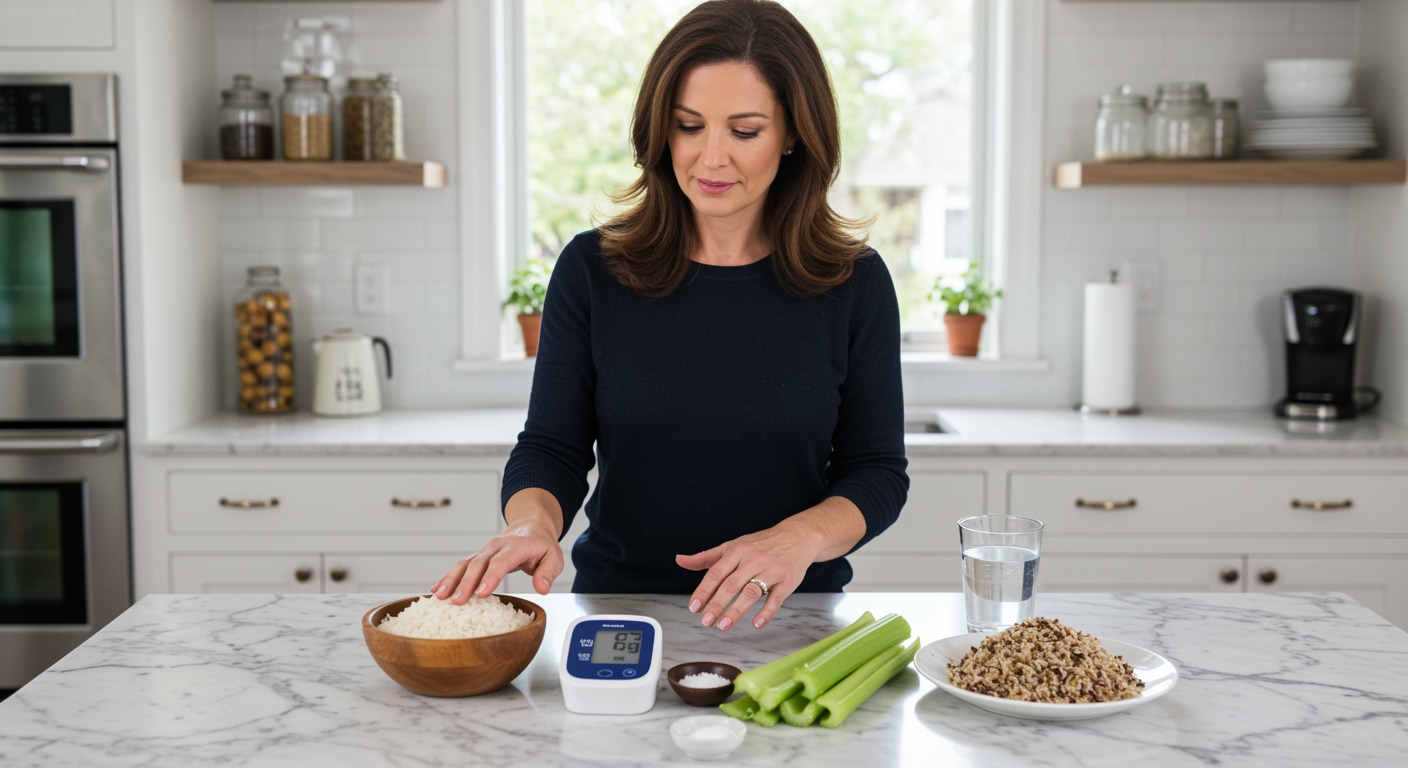Woman standing behind marble counter examining rice bowl with blood pressure monitor and healthy foods in bright kitchen