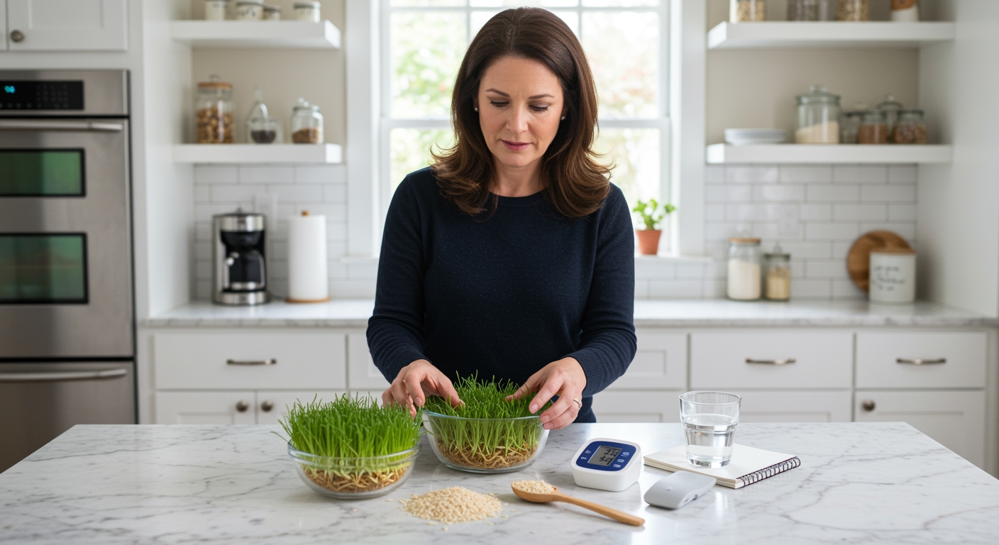 Woman examining rice sprouts in glass bowl with blood pressure monitor and raw rice grains on white marble countertop