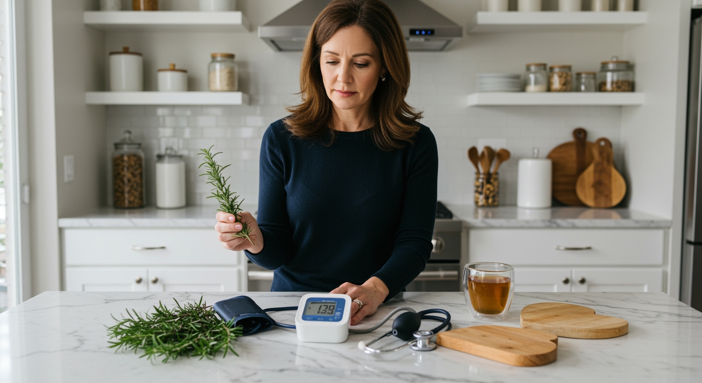 Woman holding rosemary sprig with blood pressure monitor and medical equipment on marble kitchen counter