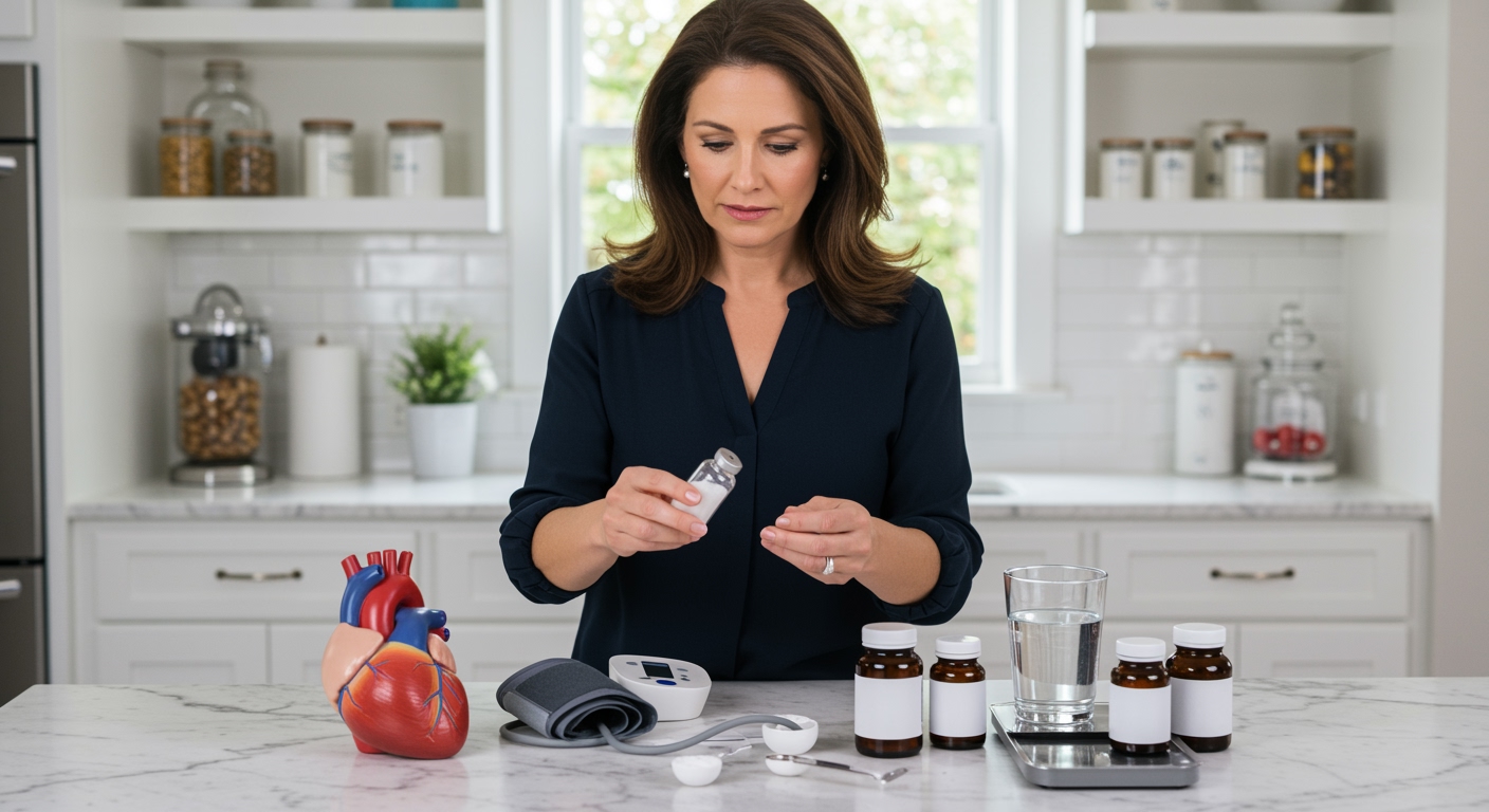 Middle-aged woman examining supplement vial and blood pressure monitor on marble countertop with heart model and health items