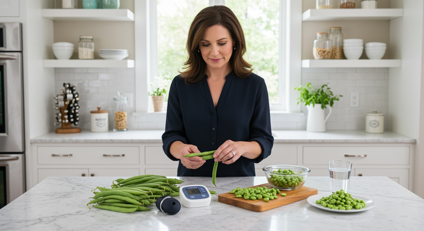 Middle-aged woman holding fresh runner beans on marble countertop with blood pressure monitor and prepared bean dishes visible