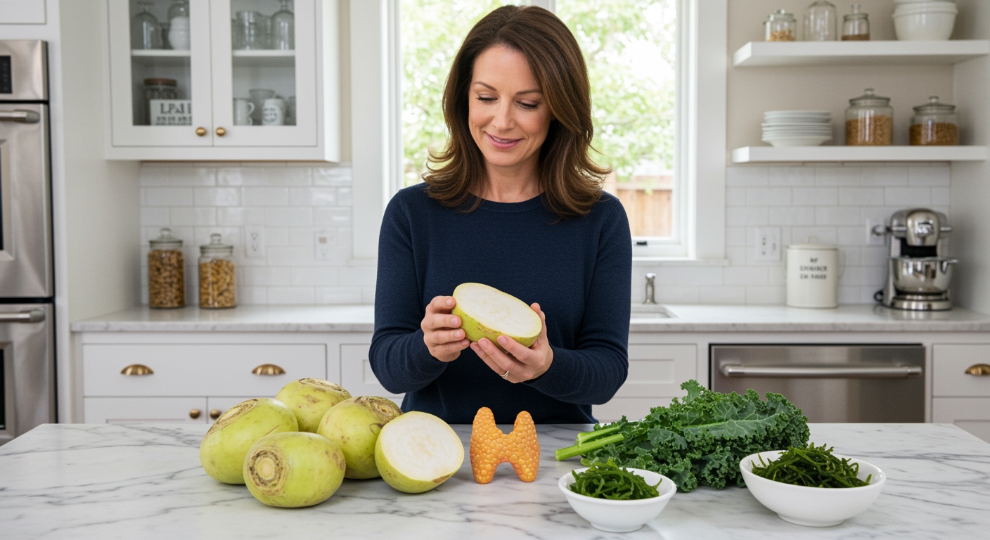 Woman holding rutabaga while standing behind marble counter with halved rutabaga, thyroid model, kale, and seaweed in bright kitchen