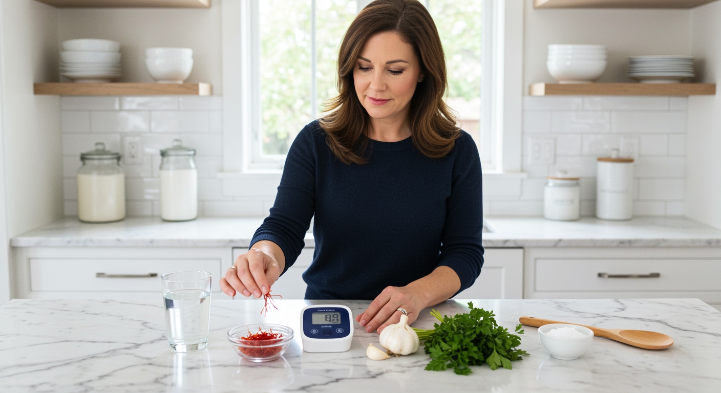 Woman touching saffron threads on marble counter with blood pressure monitor and cooking ingredients in bright kitchen