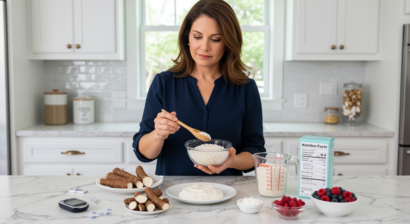 Middle-aged woman examining bowl of white sago pearls with glucose meter and diabetes supplies on marble kitchen counter